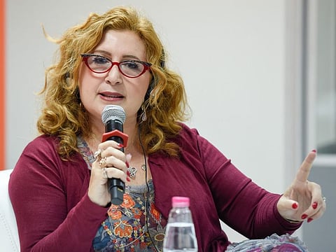 Paulina Simons, during the session on ' The Novel and The World' at Discussion Forum 3, Sharjah International Book Fair 2019, Sharjah. 3rd November 2019. Photo: Ahmed Ramzan/ Gulf News