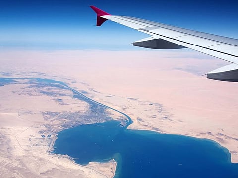 View of the Suez Canal from the airplane.