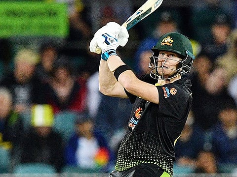 Steve Smith of Australia plays a shot during the second Twenty20 match against Pakistan at the Manuka Oval in Canberra on November 5, 2019.