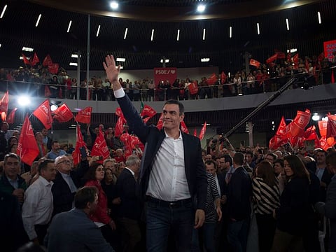 Spanish Prime Minister and candidate for the Spanish Socialist PSOE party Pedro Sanchez waves during a campaign rally in Torremolinos, on November 6, 2019, ahead of November 10 general election.
