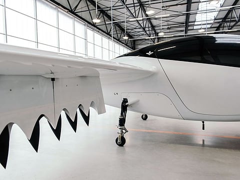The Lilium prototype flying taxi in a hangar in Wessling, Germany on Oct. 10, 2019. The wings on the Lilium jet rotate so it can take off and land like a helicopter. (Felix Schmitt/The New York Times)