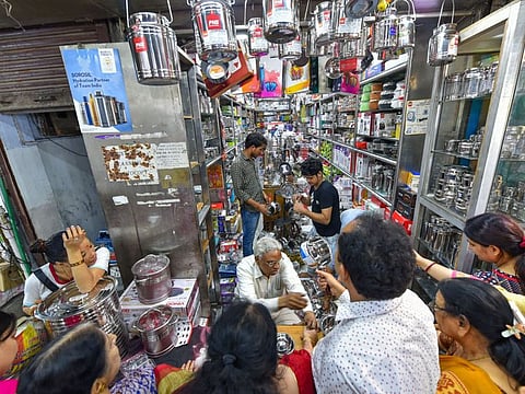 File photo: People shop for utensils on the occasion of Dhanteras festival ahead of Diwali, Friday, October 25, 2019.