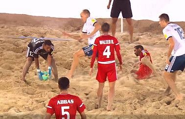 A tense moment before the UAE goalmouth during the third place play-off between the hosts and Russia in the Intercontinental Beach Soccer Cup.