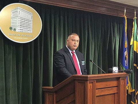 Los Angeles County Sheriff's Capt. Eduardo Hernandez takes question about an abducted woman during a news conference in Los Angeles, Friday, Nov. 8, 2019. Capt. Hernandez says 54-year-old Stanley Alfred Lawton and 22-year-old Shaniya Nicole Poche-Lawton left the victim near a military base north of Los Angeles.