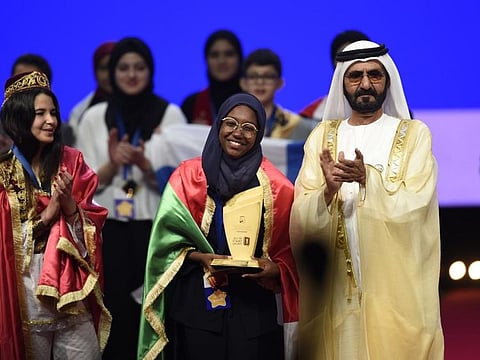 File pic of His Highness Sheikh Mohammed bin Rashid Al Maktoum, Vice President and Prime Minister of the UAE and Ruler of Dubai with the Arab Reading Challenge 2019 winner Hadeel Anwar Al Zubair