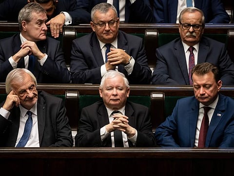 Polish Law and Justice (PiS) leader Jaroslaw Kaczynski (centre) attends the first session of the new Polish Parliament on November 12, 2019 in Warsaw.