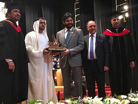 Shaikh Fahim Bin Sultan Al Qasimi, Kamal Puri Nitin Anand and Prof. Mohammad In’airat at the 29th graduation ceremony of Skyline College University in Sharjah.