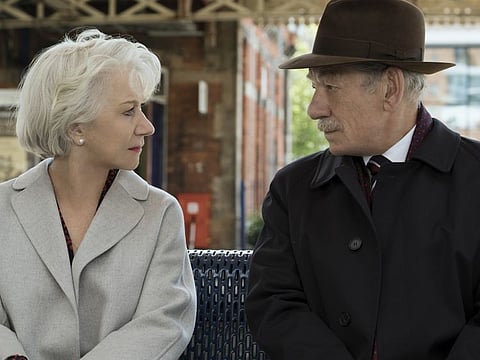 This image released by Warner Bros. Pictures shows Ian McKellen, right, and Helen Mirren in a scene from "The Good Liar." (Chia James/Warner Bros. Pictures via AP)
