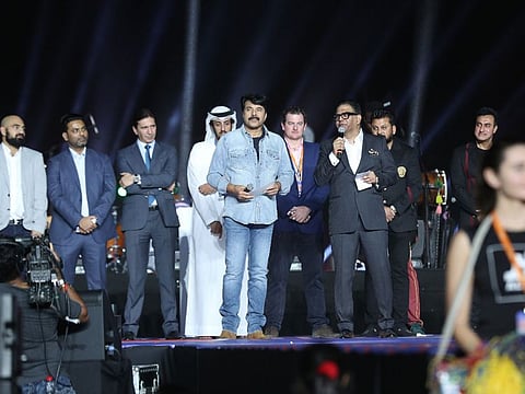 Mega actor Mammootty along with Pakistani musician Atif Aslam, Bollywood star Nora Fatehi, South Indian model and actress Parvati Nair and Bangladeshi film favourite Shakib Khan.at the opening ceremony of the Aldar Properties Abu Dhabi T10 tournament at the Zayed Cricket Stadium.
