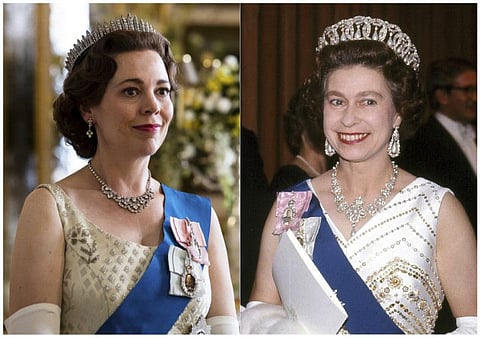 Olivia Colman, left, portraying Queen Elizabeth II in a scene from the third season of 'The Crown'.