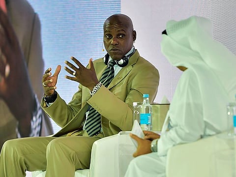 Athletics legend Carl Lewis holds court at the International Sports Creativity Conference in Dubai on Monday.