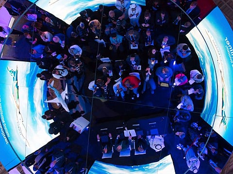 Journalists attend a news conference between Boeing Co. and Etihad at the Dubai Airshow on Monday.