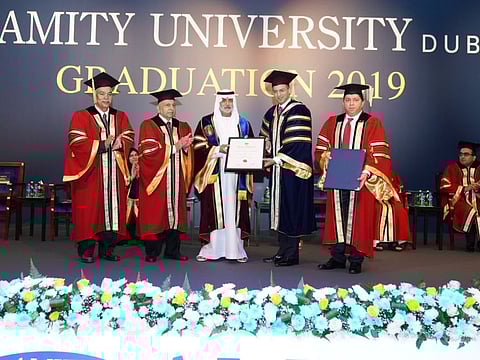 Amity University Dubai awarded an honorary doctorate to Shaikh Nahayan bin Mabarak Al Nahayan, UAE Minister of Tolerance, at its graduation ceremony at Atlantis, The Palm on Sunday.
COURTESY AMITY