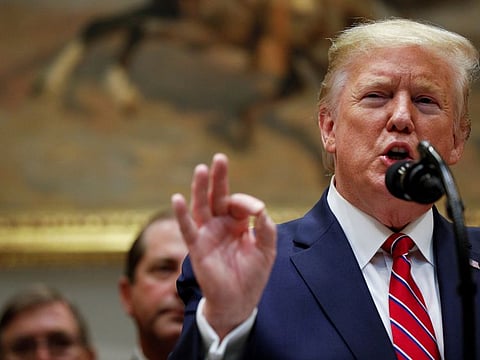 US President Donald Trump delivers remarks inside the Roosevelt Room at the White House in Washington DC