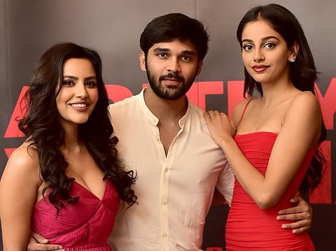 (From left) Actors Priya Anand, Dhruv Vikram and Banita Sandhu during an interview in Dubai on 17th November, 2019. Photo Clint Egbert/Gulf News