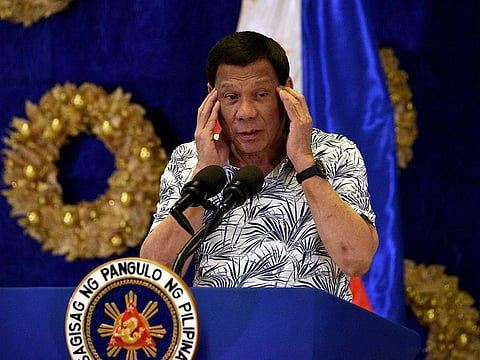 Philippines’ President Rodrigo Duterte gestures during a press conference at Malacanang Palace in Manila on November 19, 2019.