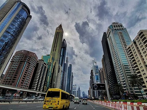 Dark clouds over Sheikh Zayed Road in Dubai on Thursday.