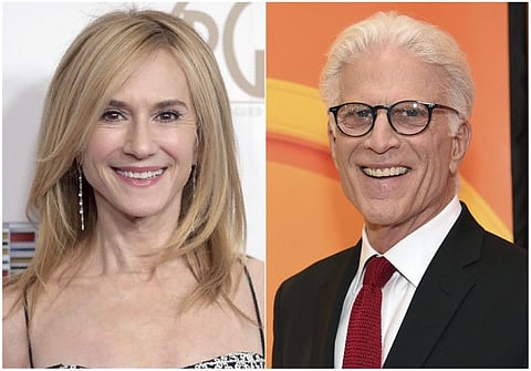 This combination photo shows actress Holly Hunter at the 29th annual Producers Guild Awards in Beverly Hills, Calif., on Jan. 20, 2018, left, and actor Ted Danson at the NBC 2019/2020 Upfront in New York on May 13, 2019. NBC announced that Hunter and Danson will star in a comedy set in the world of local politics. (AP Photo)