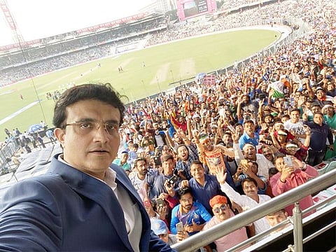 Sourav Ganguly takes a selfie with the Eden Gardens crowd during India's first pink ball Test in November last year.