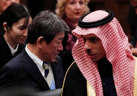 Japan’s Foreign Minister Toshimitsu Motegi with Saudi Arabia’s Foreign Minister Prince Faisal Bin Farhan during the plenary session at the G20 Foreign Ministers' Meeting in Nagoya, Japan, November 23.