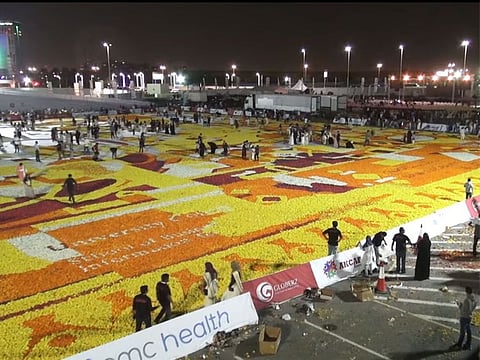 It took several hours for thousands of UAE residents to lay out the giant flower carpet celebrating the UAE’s tolerance at the outdoor parking area of Dubai Festival City on Friday.