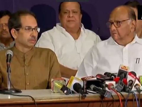 Members of Shiv Sena regional party and the Nationalist Congress Party (NCP) address the media in Mumbai