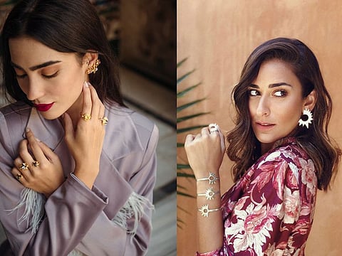 Left: Blazer - Farah Wagdy. Jewelry - DNA Jewelry, Right: Amina Khalil, Egyptian Actress Wearing the Haya Earrings - Indira Jewelry