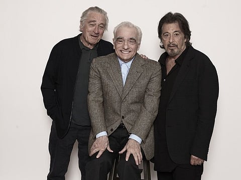 HOLD FOR STORY - Robert De Niro, Martin Scorsese, and Al Pacino pose for a portrait for their upcoming film "The Irishman", Monday, September 30, 2019, in New York. (Photo by Victoria Will/Invision/AP)