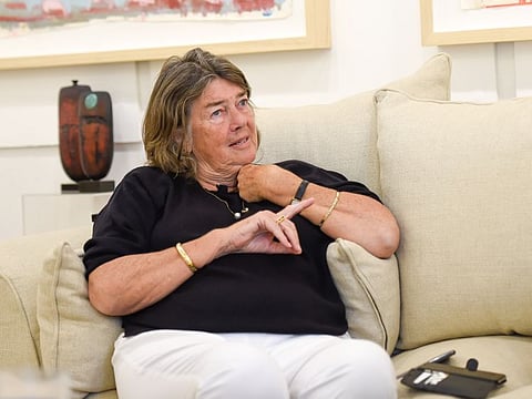 Alison Collins, the founder of Majlis Gallery, talking about her journey in the UAE since 1976. Photo: Virendra Saklani/Gulf News