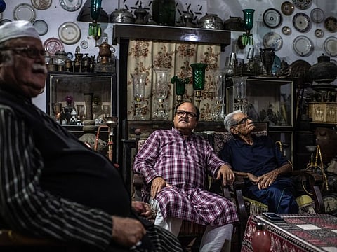 Sayyed Suleiman Naqvi, far right, who said Prince Cyrus of Oudh and his family were imposters, in Lucknow, India, Aug. 24, 2019. For 40 years, journalists chronicled the eccentric royal family of Oudh, deposed aristocrats who lived in a ruined palace in the Indian capital — a tragic, astonishing story, but was it true? (Bryan Denton/The New York Times)