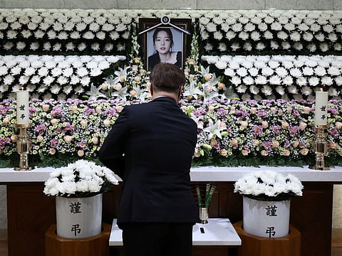 A man pays tribute at a memorial altar of K-pop star Goo Hara at the Seoul St. Mary's Hospital in Seoul, South Korea November 25, 2019.
