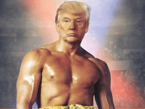 This image shows a screen grab of the Twitter account of US President Donald Trump (@realDonaldTrump), his face superimposed on a picture of Silvester Stallone Rocky III boxing movie.