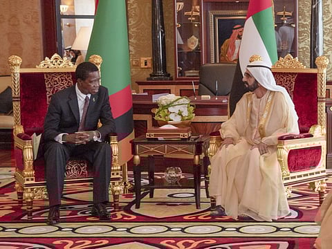 His Highness Shaikh Mohammad Bin Rashid Al Maktoum, Vice President and Prime Minister of the UAE and Ruler of Dubai, received Dr. Edgar Chagwa Lungu, President of Zambia, at the Zabeel Palace in Dubai on Wednesday.
WAM