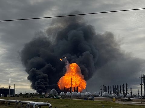 Flames are seen after a massive explosion that sparked a blaze at a Texas petrochemical plant in Port Neches, Texas, U.S., November 27, 2019.