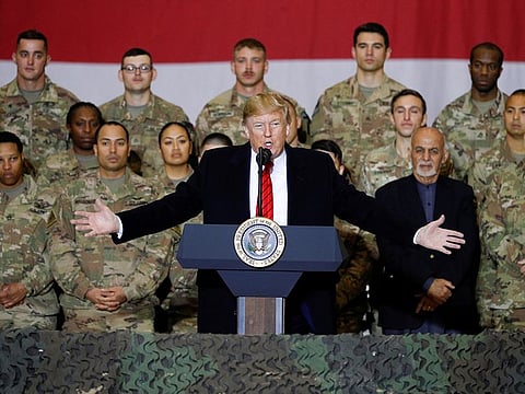 U.S. President Donald Trump delivers remarks to U.S. troops during an unannounced visit to Bagram Air Base, Afghanistan, November 28, 2019.
