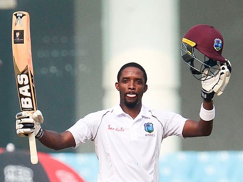 West Indies' Shamarh Brooks celebrates after scoring his century during the second day of the only cricket Test match against Afghanistan at the Ekana Cricket Stadium in Lucknow on November 28, 2019.