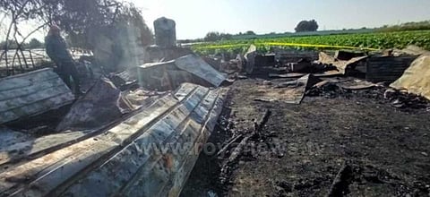 Burnt farm house in Jordan where 13 Pakistanis including seven children died in a blaze on Monday morning. Photo courtesy royal news Tv Jordan.