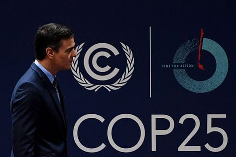 Spanish Prime Minister Pedro Sanchez visits the congress centre IFEMA in Madrid on November 30, 2019 where the COP25 climate summit will be held from December 2 to 13, 2019.