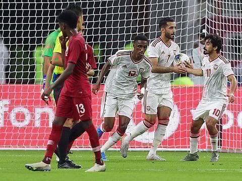 UAE's forward Ali Mabkhout celebrates his goal during the 24th Arabian Gulf Cup Group A football match against Qatar.