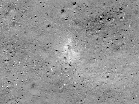 This handout image released by Nasa, and taken by the Lunar Reconnaissance Orbiter Camera team shows the Vikram Lander impact point.