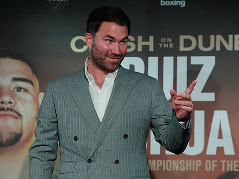 Eddie Hearn, promoter of the hyped contest between Anthony Joshua and Andy Ruiz on Saturday, gestures during a press conference in Saudi Arabia on Wednesday.