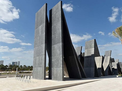 A view of Wahat Al Karama, which is located near Shaikh Zayed Grand Mosque in Abu Dhabi, the martyr's monument that consists of a series of large metal panels resting against each other, symbolising the harmony, strength and support between the soldiers, families and citizens in times of tribulation
PHOTO Ahmed Kutty