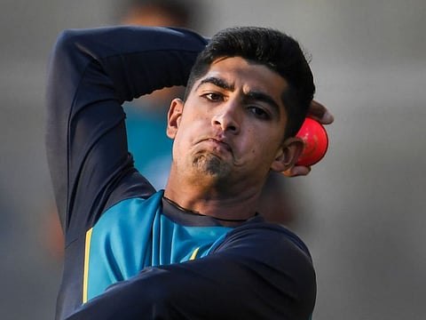 Pakistan's Naseem Shah takes part during a training session in Australia.