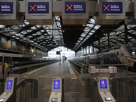 Empty platforms are pictured at the Gare de Lyon train station, Friday, Dec. 6, 2019 in Paris.