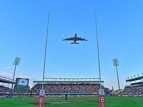 Emirates Airline A380 does a fly-by at the Dubai Sevens.