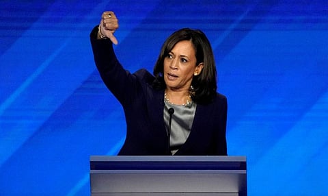 FILE PHOTO: Senator Kamala Harris gestures as she speaks during the 2020 Democratic presidential debate in Houston, Texas