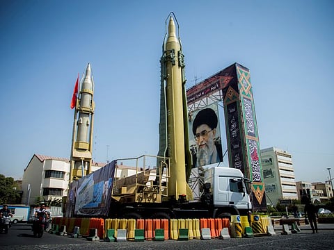 A display featuring missiles and a portrait of Iran's Supreme Leader Ayatollah Ali Khamenei is seen at Baharestan Square in Tehran, Iran September 27, 2017.