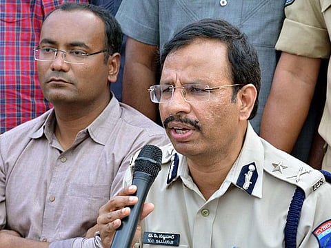 Cyberabad Police Commissioner VC Sajjanar briefing media persons about the police encounter with the accused in the rape and murder of the woman veterinarian, in Hyderabad on Friday.