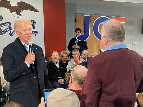 Democratic 2020 U.S. presidential candidate and former U.S. Vice President Joe Biden faces off with a local resident challenging him about his son Hunter Biden's involvement with Ukraine in this screen grab made from video shot during a Biden campaign event at Chickasaw Event Center in New Hampton, Iowa, U.S., December 5, 2019.