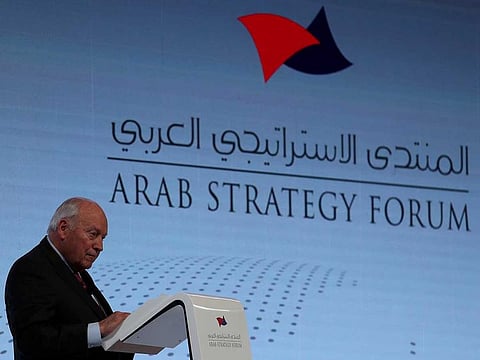 Former US Vice President Dick Cheney talks to the audience at the Arab Strategy Forum in Dubai, United Arab Emirates, Monday, Dec. 9, 2019.